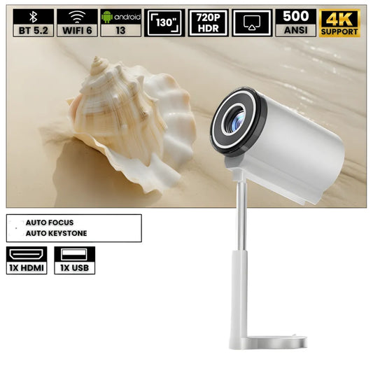 Mini Projecteur Portable Intelligent – Android 13, 500 ANSI Lumens, Wi-Fi 5G, Bluetooth 5.0, Rotation 90°, 150 pouces