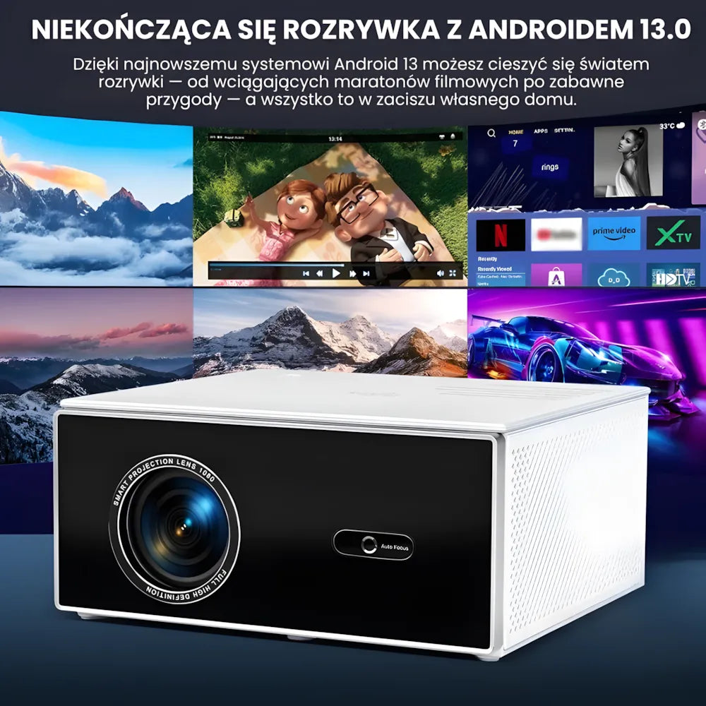 Projektor home cinema inteligentny – Full HD, 1200 ANSI lumenów, Android 13, autofocus 6D, Wi-Fi 6, Bluetooth