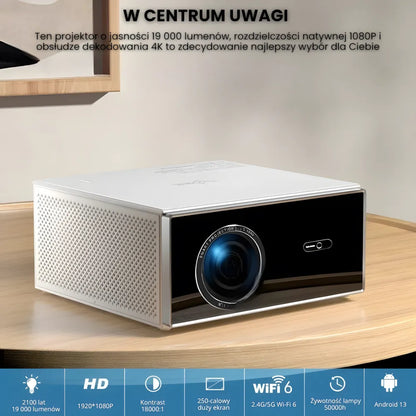 Projektor home cinema inteligentny – Full HD, 1200 ANSI lumenów, Android 13, autofocus 6D, Wi-Fi 6, Bluetooth